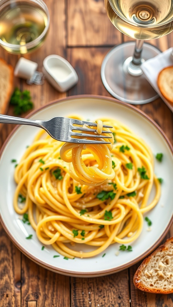 Garlic Butter Pasta Recipe A delicious serving of garlic butter pasta garnished with parsley and Parmesan cheese on a rustic table.